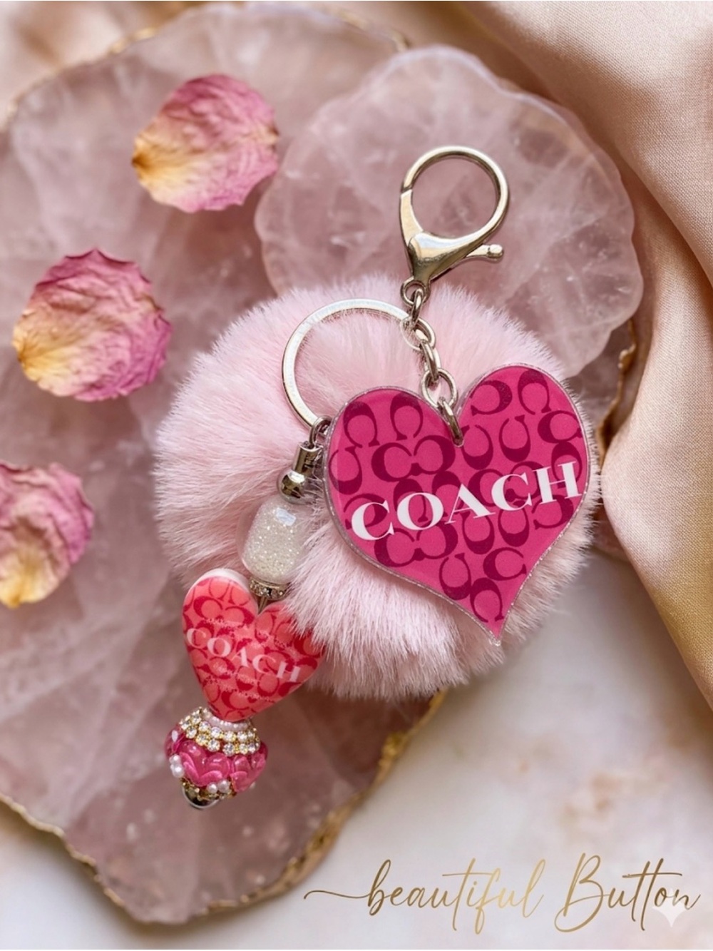 Custom Pink Heart Pom Charm Keychain